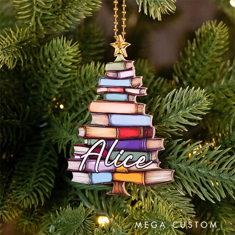 Personalized Book Tree Suncatcher Christmas Ornament Holiday Tree Window Car Decor with Name Birthday Book Club Gift for Bookworms Librarians