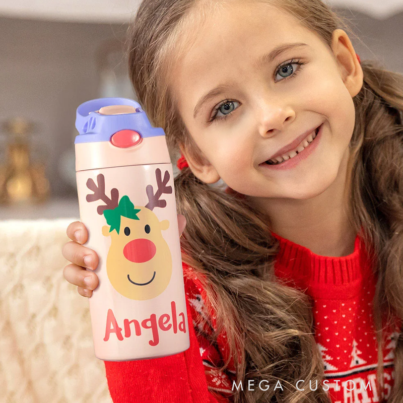 Personalized Colorful Reindeer 12oz Water Bottle with Name and Silicone Straw Birthday Christmas Gift