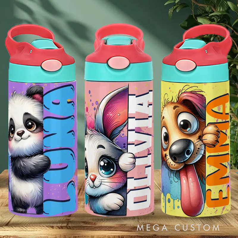 Personalized Cute Watercolor Animal 12 oz Kid Insulated Name Water Bottle with Handle and Silicone Straw Birthday Back to School Gift