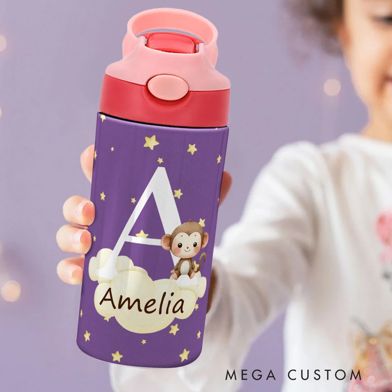 Personalized Initial Cute Forest Animal 12oz Kid Insulated Name Water Bottle with Handle and Silicone Straw Birthday Back To School Gift 
