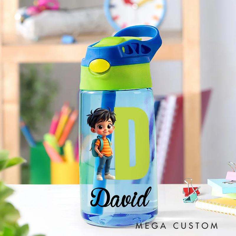 Personalized Cartoon Character 16 oz Kid Water Bottle with Name and Initial Outdoor Activities Birthday Christmas Back to School Gift 