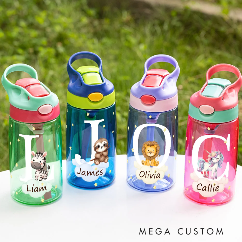 Personalized Adorable Forest Animal 16 oz Kid Water Bottle with Name and Silicone Straw Birthday Back to School Gift