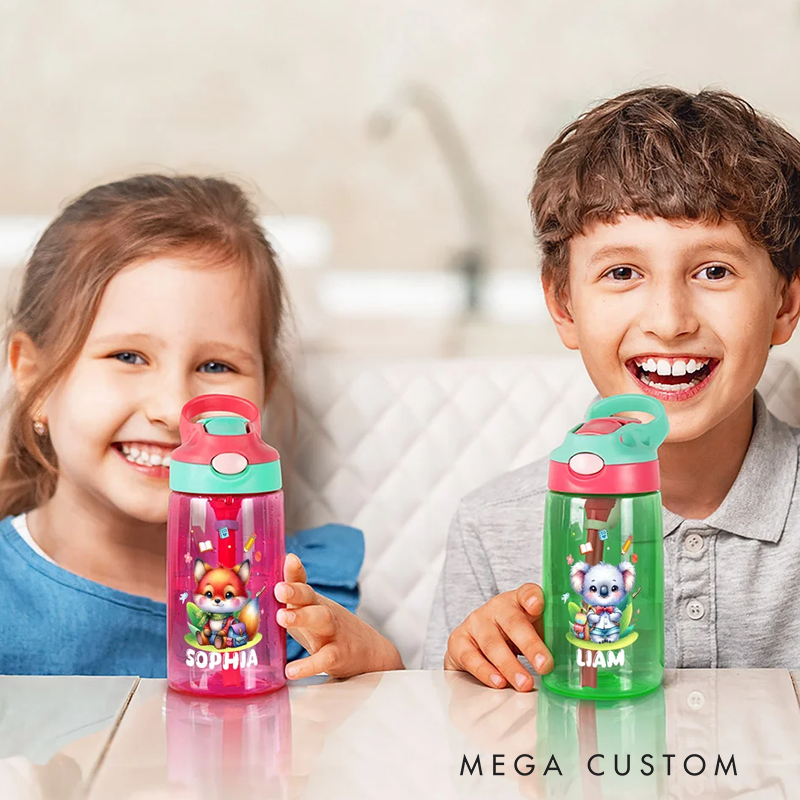 Personalized Cartoon Bear Lion Animals Name 16 oz Water Bottle with Straw and Handle Outdoor Supplies Back to School Birthday Gift for Boys Girls