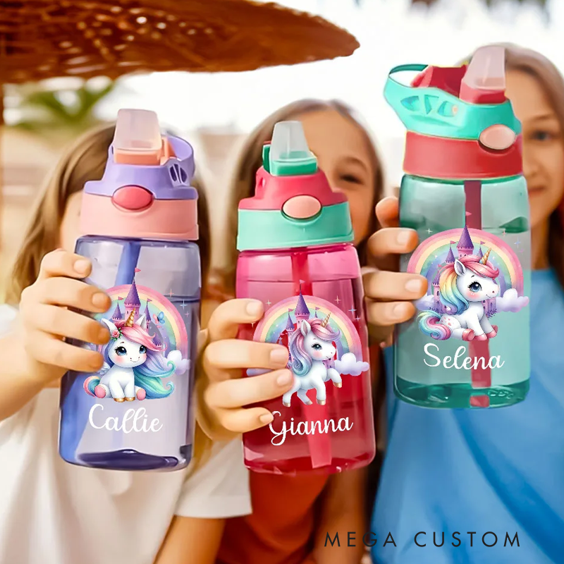 Personalized Rainbow Castle Fantasy Unicorn Design 16 oz Kid Water Bottle with Straw and Name Birthday Christmas Back to School Gift