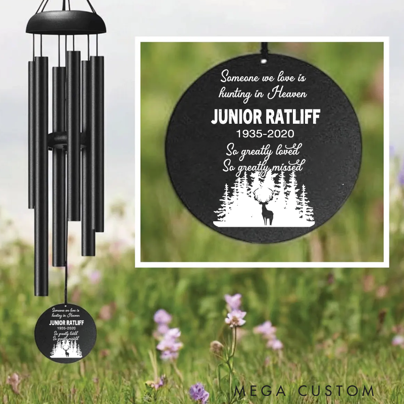 Personalized Someone We Love Is Hunting in Heaven Black Wind Chime Dad Memorial Gift Loss of Dad Sympathy Gift Fathers Day Outdoor Decor
