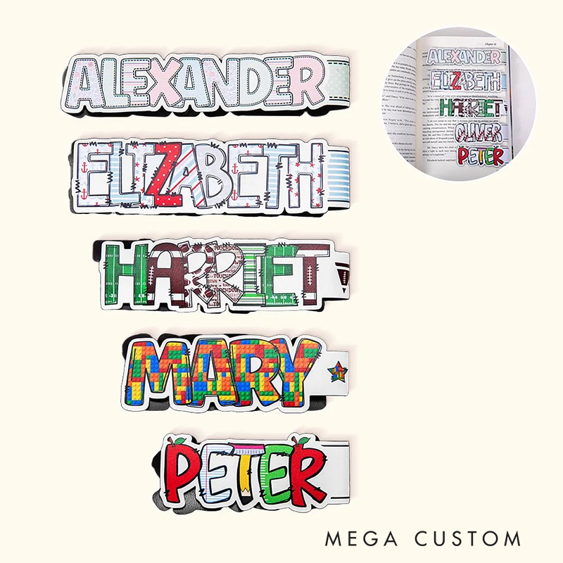 Personalized Set of 2 Doodle Magnetic Bookmarks Clips with Name Bubble Floral Letter Bookmarks Gift for Book Lover