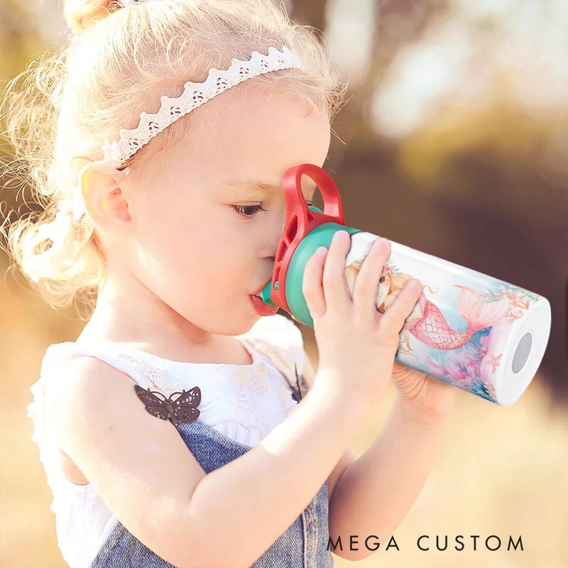 Personalized Pink Mermaid 12oz Insulated Kid Water Bottle with Name and Silicone Straw Back to School Birthday Gift