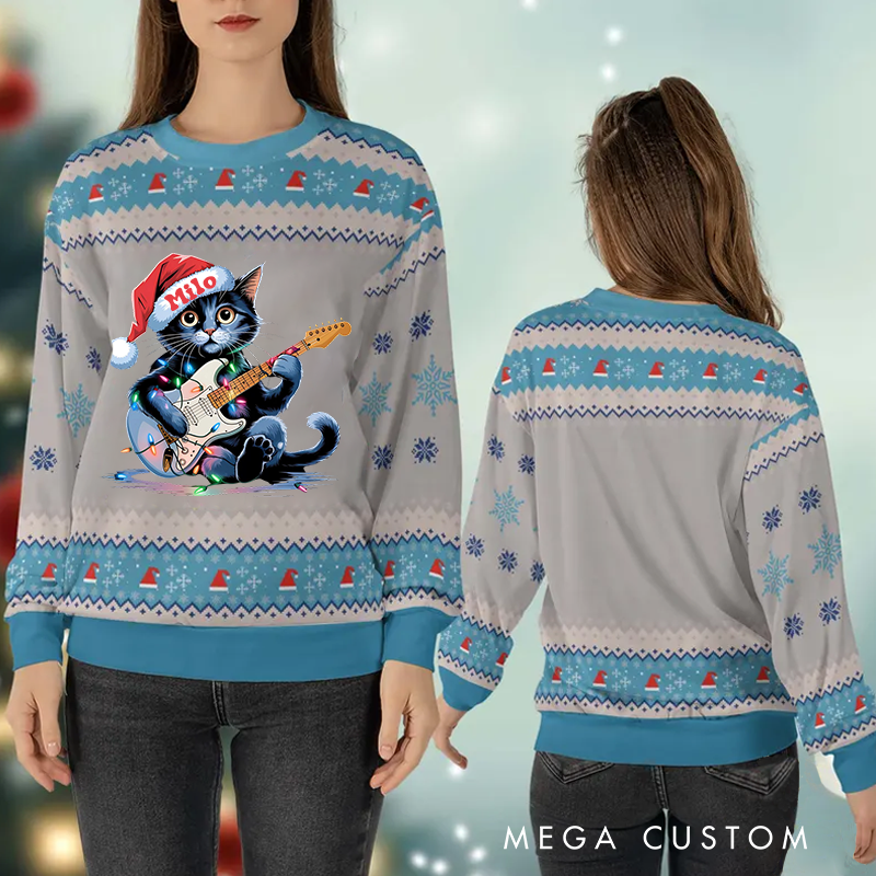 Personalized Ugly Sweater Cat Music Christmas Sweater Song Fan Family Sweater