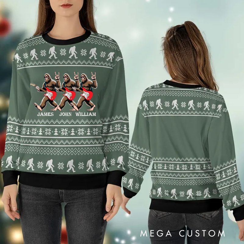 Personalized Ugly Sweater Rockstar Bigfoot Playing Electric Guitar Sweater Music Christmas Sweater Song Fan Family Sweater