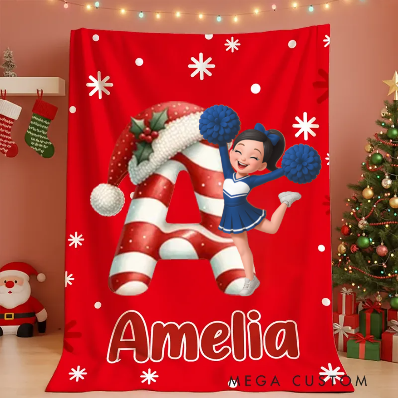 Personalized Cheerleader Christmas Blanket with Custom Name and Initial Design