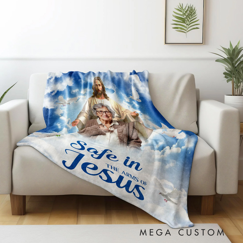 Personalized Photo Memorial Blanket Safe in the Arms of Jesus Flannel Blanket Sympathy Gift for Loss of Loved One