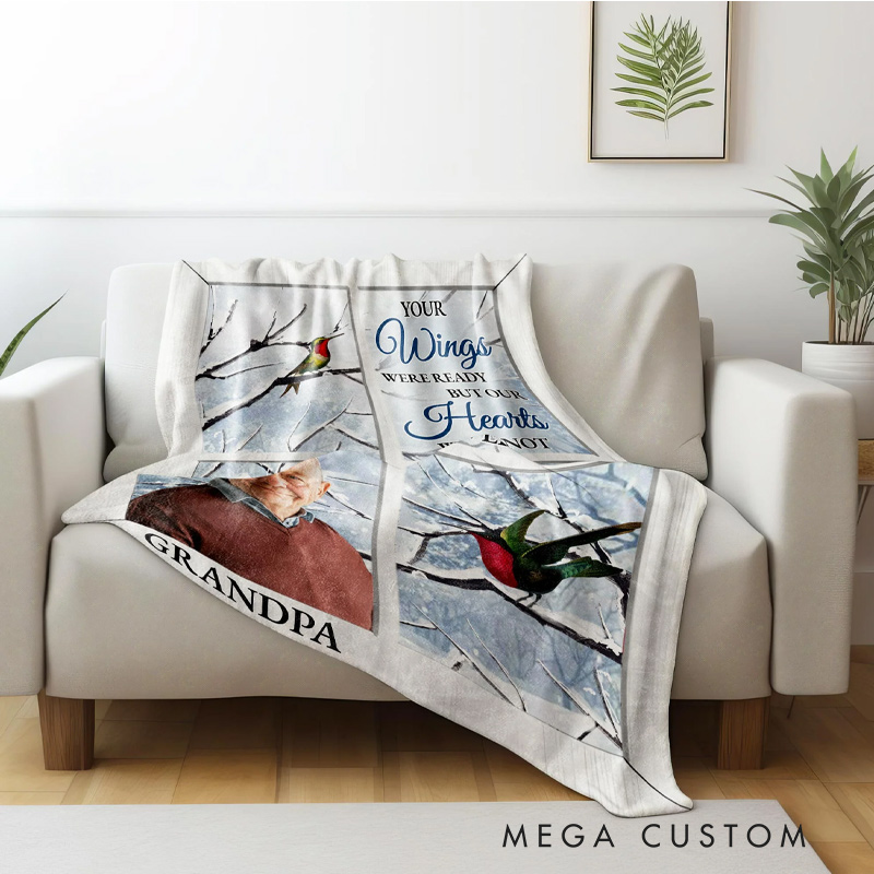 Personalized Photo Memorial Blanket Your Wings Were Ready But Our Hearts Were Not Flannel Blanket Sympathy Gift for Loss of Loved One
