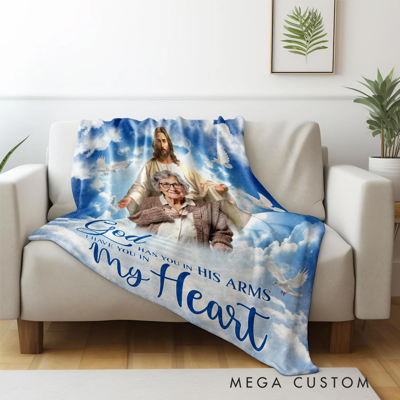 Personalized Photo Memorial Blanket God Has You in His Arms I Have You in My Heart Blanket Sympathy Gift for Family and Religious Individuals