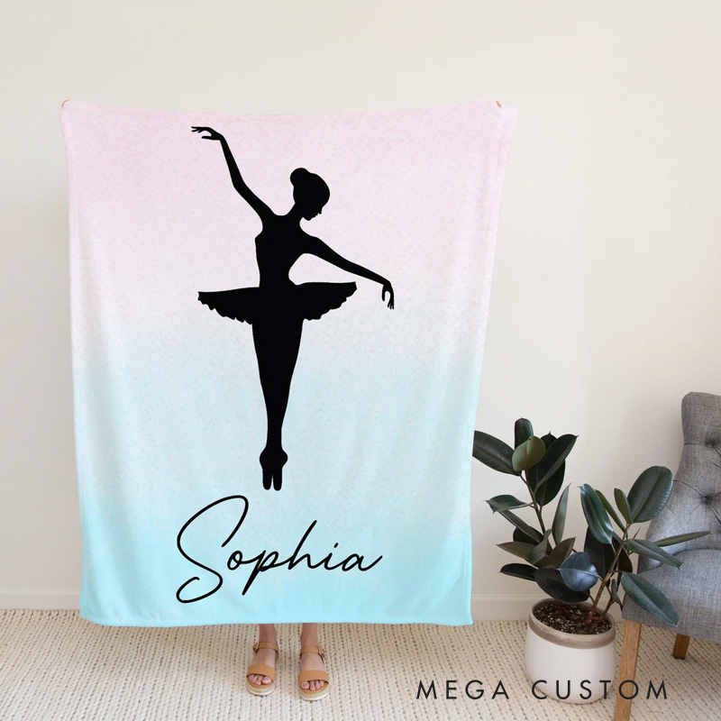 Personalized Elegant Ballerina Silhouette Blanket Flannel Blanket Ballet Lover Blanket with Name for Dance Lovers Dancer