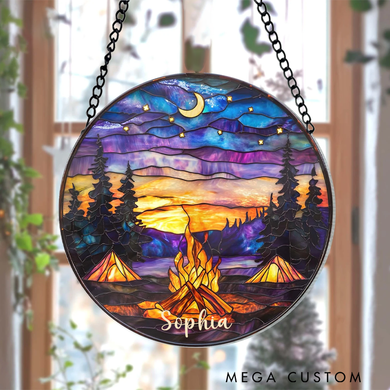 Personalize Campfire Night Stained Glass Suncatcher Gift for Camping Outdoor Adventure and Nature Lover