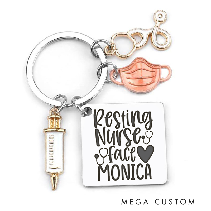 Personalized Resting Nurse Face Keychain Custom Stainless Steel Keychain Graduation Thank You Gifts