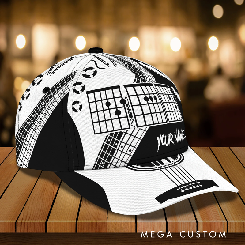 Personalized White and Black Guitar Cap Hat for Music Lover and Guitar Lover Guitar Lover 3D Full Print Cap