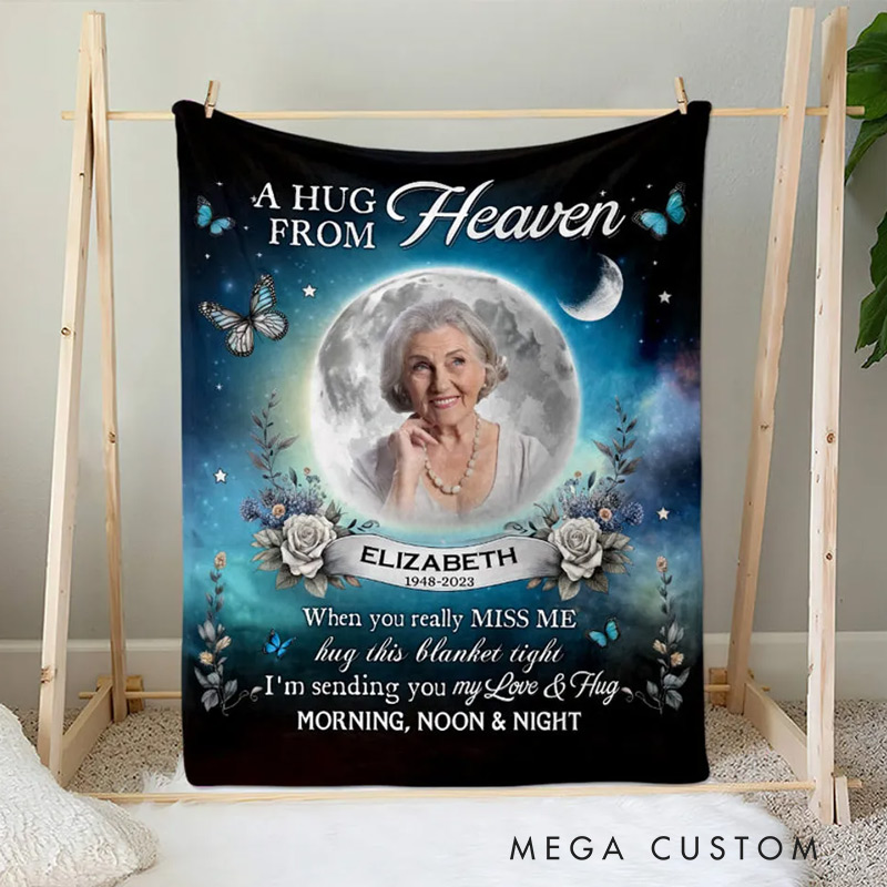 Personalized A Hug From Heaven Photo Memorial Blanket Custom Photo Flannel Blanket Sympathy Gift for Loss of Loved One