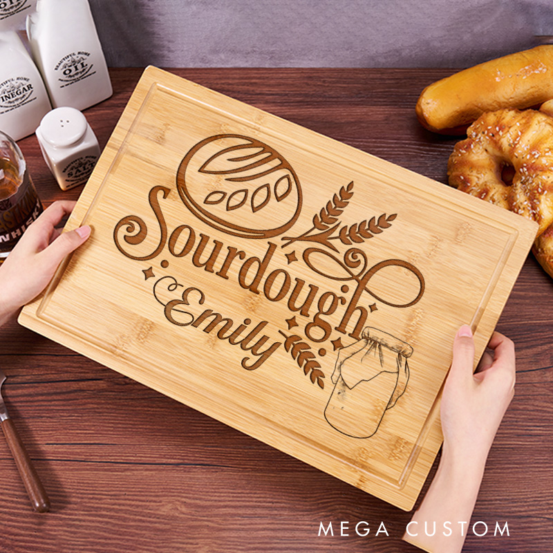 Personalized Sourdough Cutting Board Bakery Serving Tray with Name for Bakers Engraved Bamboo Board for Baking Lover Gift