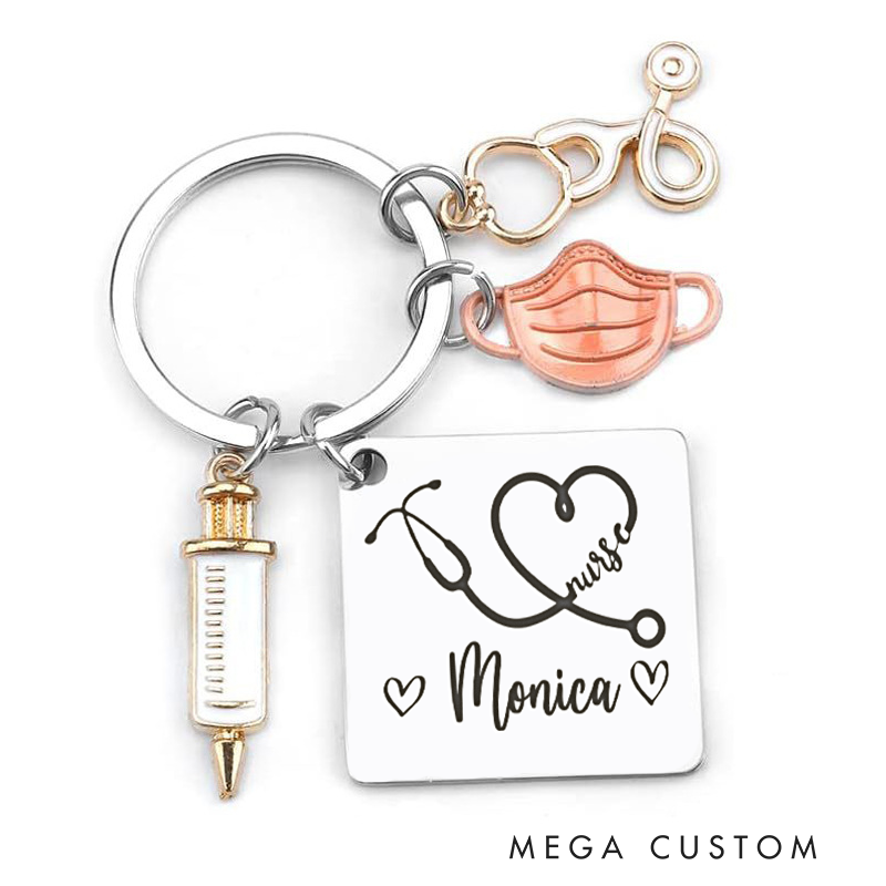 Personalized Nurse Keychain with Stethoscop Custom Stainless Steel Keychain Graduation Thank You Gifts