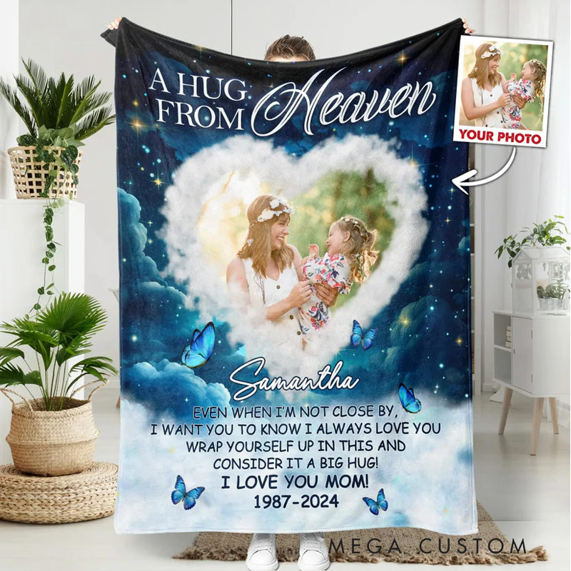 Personalized A Hug From Heaven Photo Memorial Blanket Custom Photo Flannel Blanket Sympathy Gift for Family Members