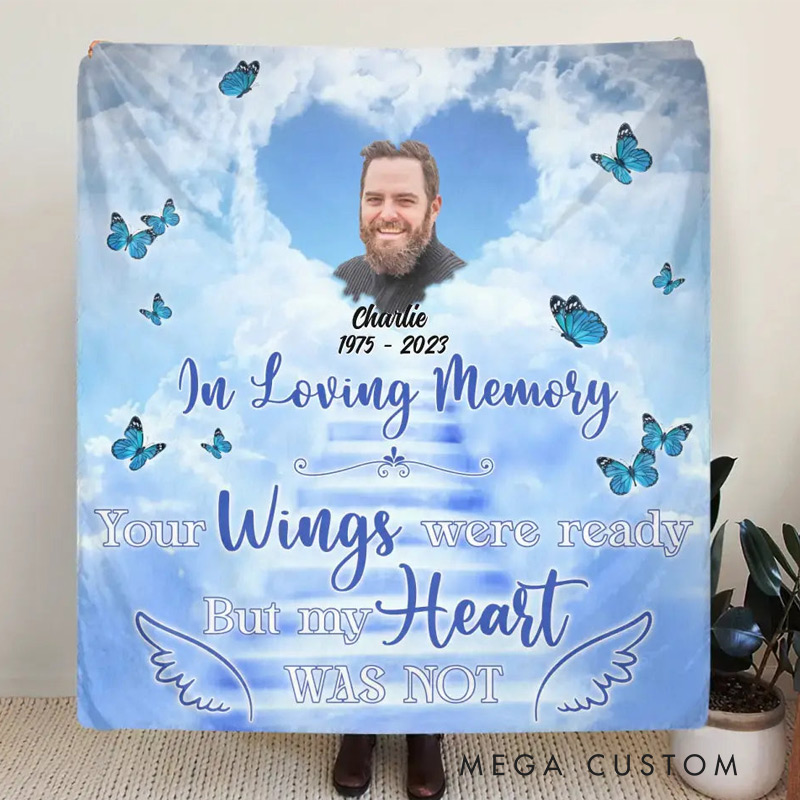 Personalized Your Wings Were Ready But My Heart Was Not Photo Blanket Custom Photo Memorial Throw Blanket Sympathy Gift for Loss of Loved One
