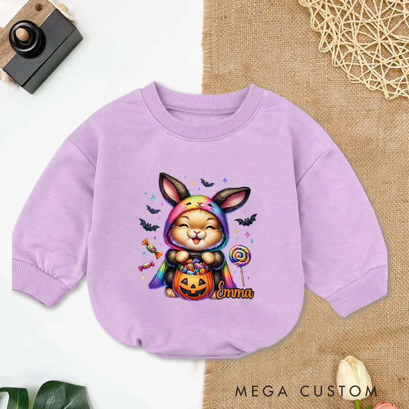 Personalized Halloween Animel Baby Bodysuit with Colorful Costume and Candy Design Featuring Name for Cute Celebrations