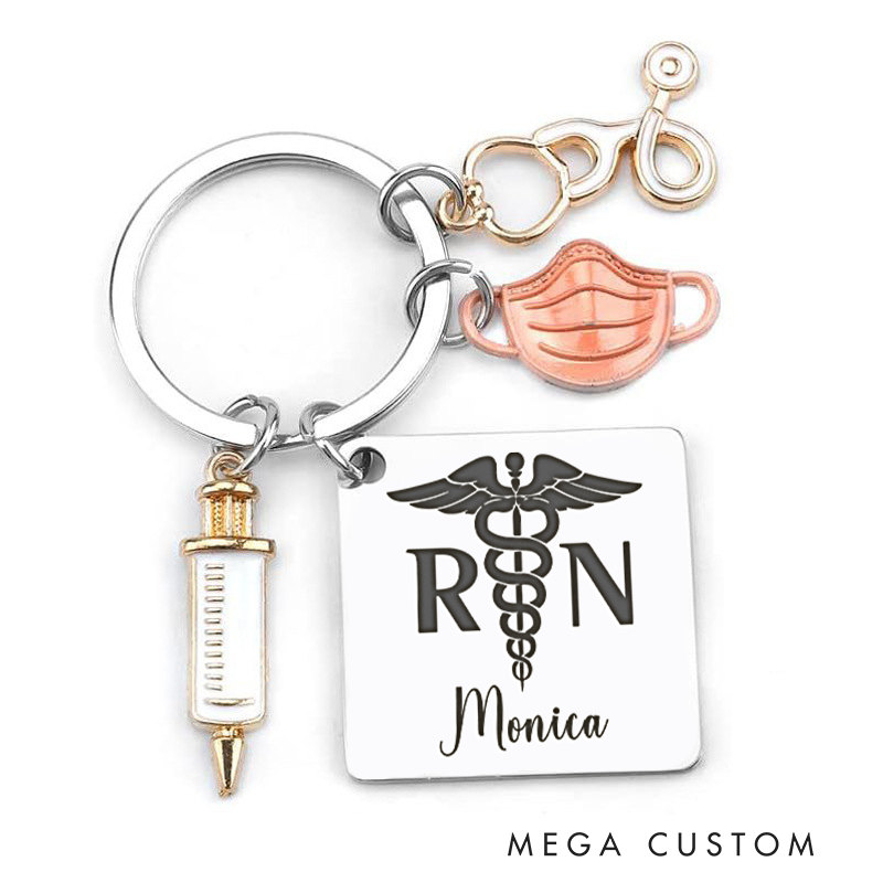 Personalized RN Design with Caduceus Keychain Custom Stainless Steel Keychain Graduation Thank You Gifts