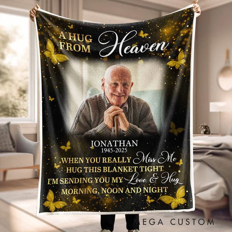 Personalized Golden Butterflies A Hug From Heaven Photo Blanket Custom Memorial Throw Blanket Sympathy Gift for Loss of Loved One