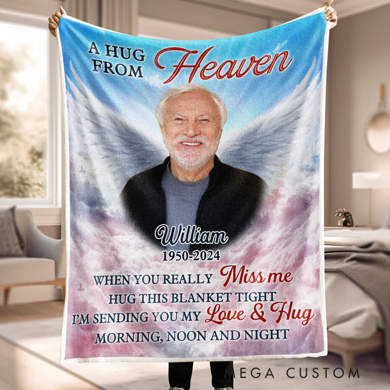 Personalized Angel Wings A Hug From Heaven Photo Blanket Custom Memorial Throw Blanket Sympathy Gift for Loss of Loved One