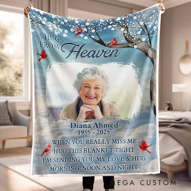 Personalized A Hug From Heaven Photo Blanket Custom Memorial Throw Blanket Sympathy Gift for Loss of Loved One
