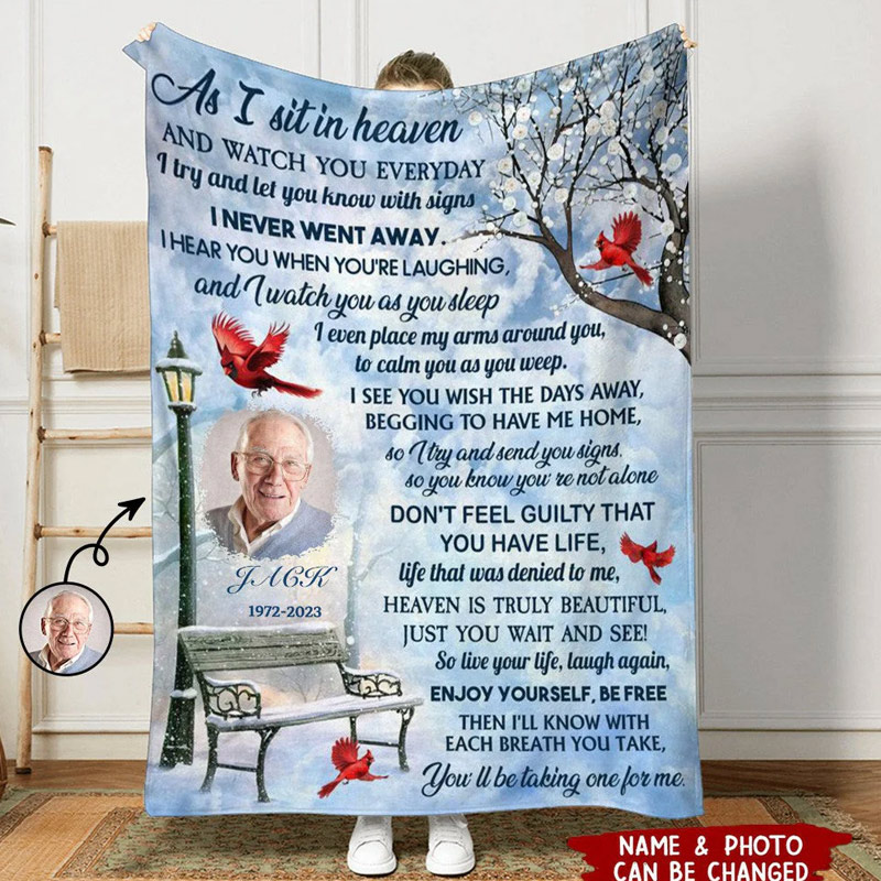 Personalized As I Sit In Heaven Cardinal Winter Photo Blanket Custom Memorial Throw Blanket Sympathy Gift for Loss of Loved One