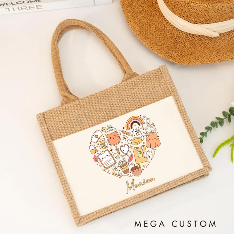 Personalised Nurse Burlap Tote Bag Heart of a Nurse Care and Kindness Design Perfect Gift for Yourself or a Loved One