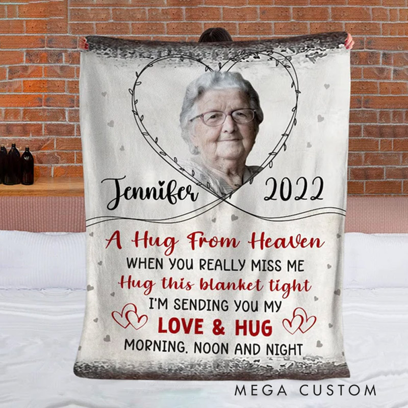 Personalized A Hug From Heaven Photo Blanket Christmas Gift Custom Memorial Throw Blanket Sympathy Gift for Loss of Loved One