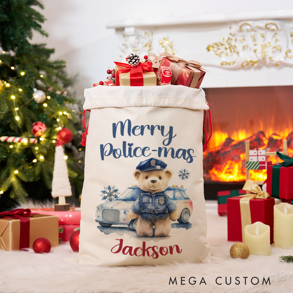 Personalized Police Christmas Gift Bag Custom Merry Police-mas Santa Sack for Kids and Law Enforcement Families