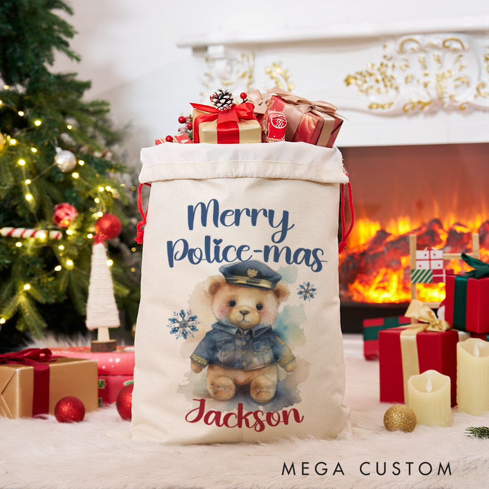 Personalized Merry Police-mas Gift Bag Custom Police Christmas Santa Sack for Kids and Families