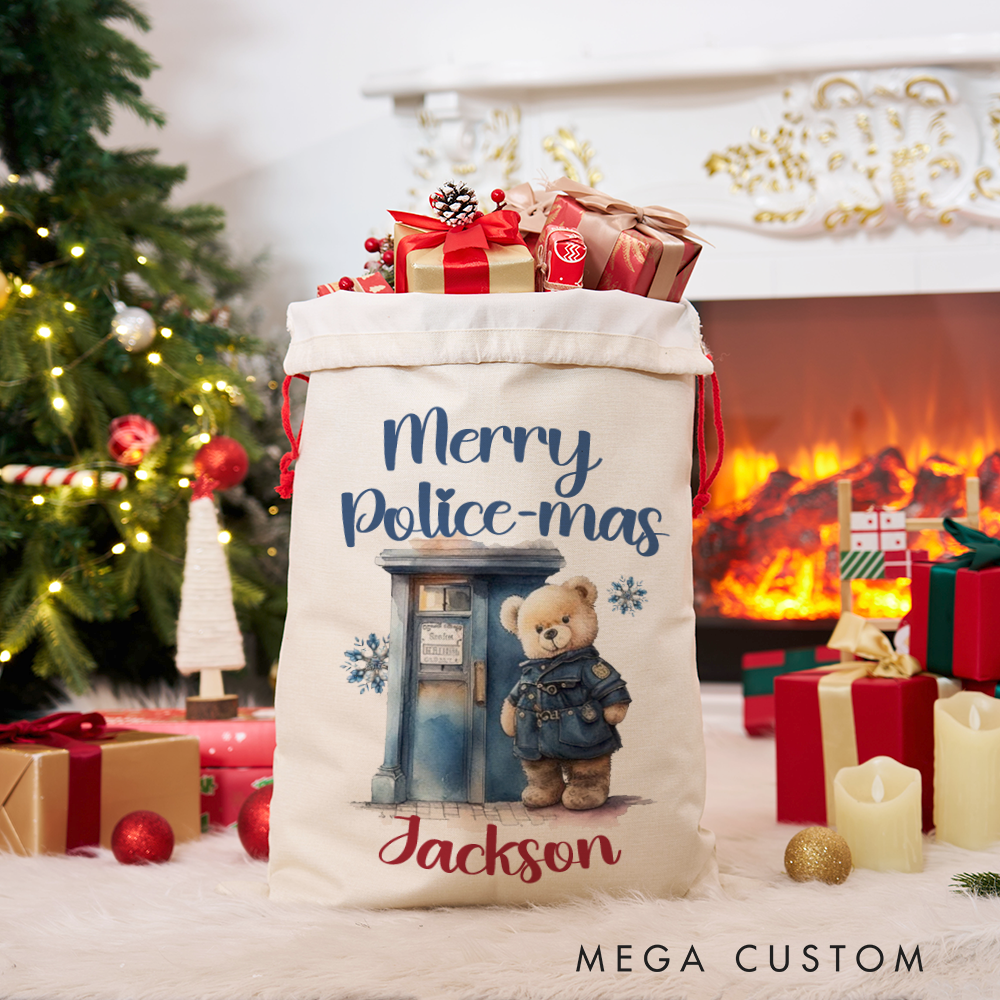 Personalized Merry Police-mas Gift Bags Set Custom Police Christmas Santa Sacks with Teddy Bear Design Gift for Police