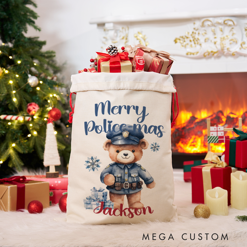 Personalized Merry Police-mas Gift Bag Custom Police Christmas Santa Sack Officer Teddy Bear Design Gift for Police