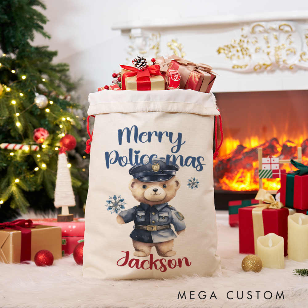 Personalized Merry Police-mas Gift Bag Custom Police Christmas Santa Sack with Officer Teddy Bear Design Gift for Police