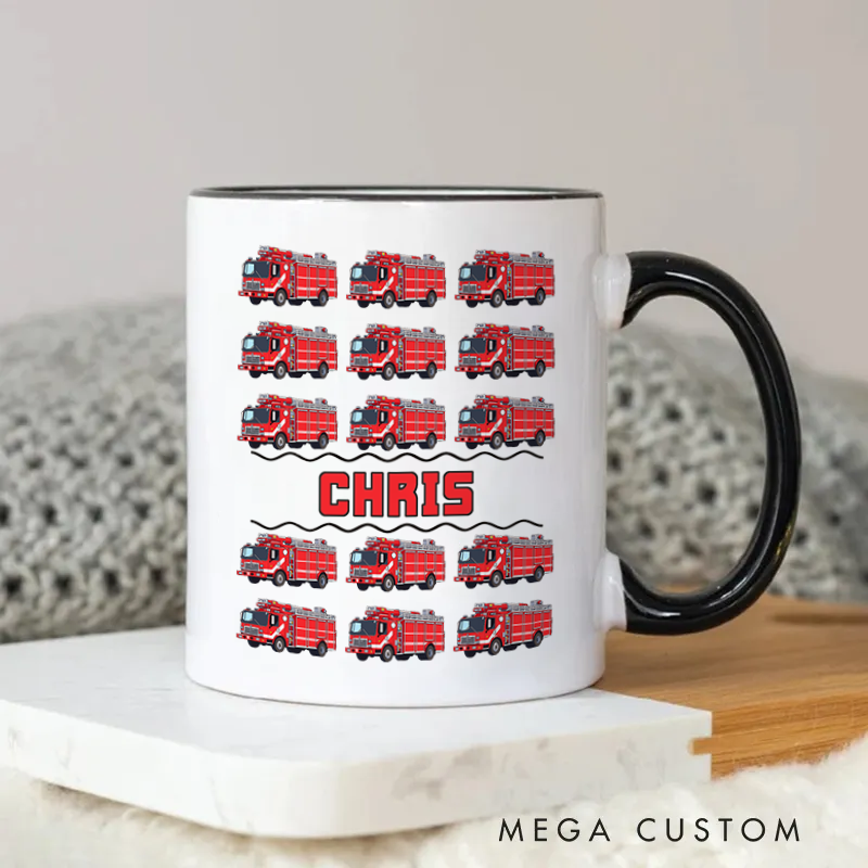 Personalized Firefighter mug with custom name and fire truck design perfect gift for firefighters or fire truck lovers