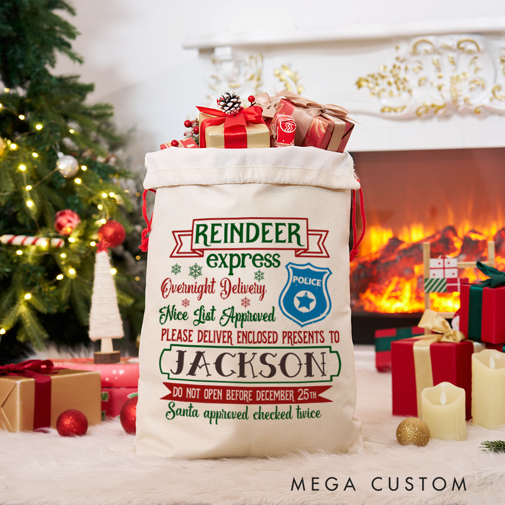 Personalized Reindeer Express Police Christmas Gift Bag Custom Santa Sack for Police Kids Families 