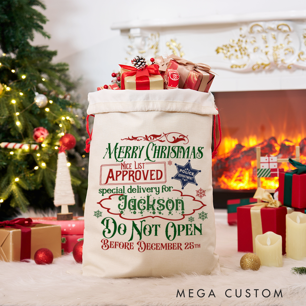 Personalized Merry Christmas Police Gift Bag Custom Santa Sack with Nice List Approval Design for Kids and Families