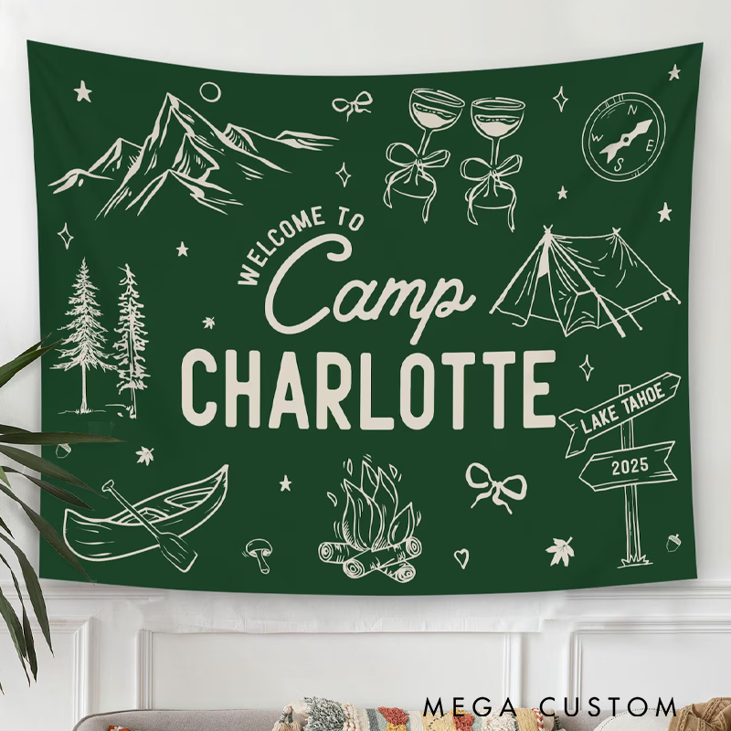 Personalized Camp Bachelorette Tapestry Custom Camp Bach Banner Lake Bach Camp Birthday Party Welcome Sign Outdoors Camping Bachelorette Gift