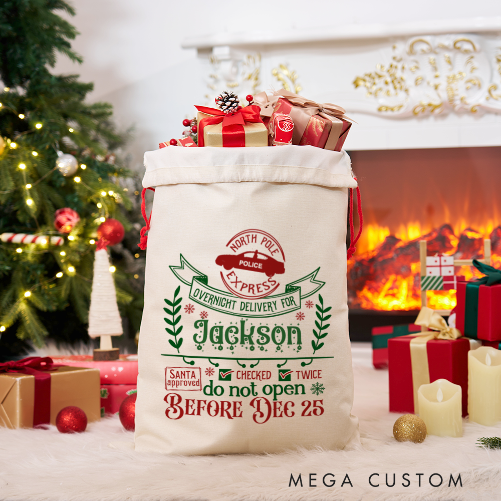 Personalized North Pole Police Express Gift Bags Set Custom Christmas Santa Sacks for Police