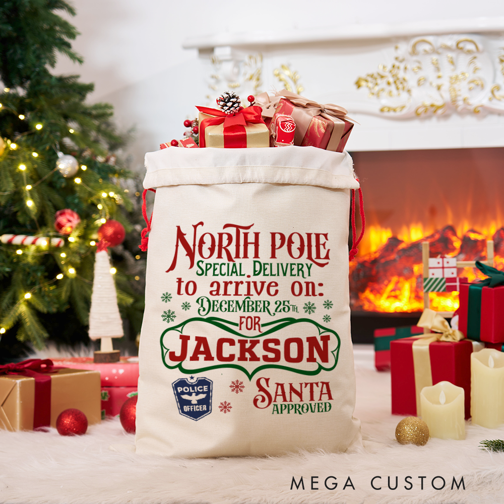 Personalized North Pole Santa Sack with Festive Christmas Design Perfect Holiday Gift for Police Officer