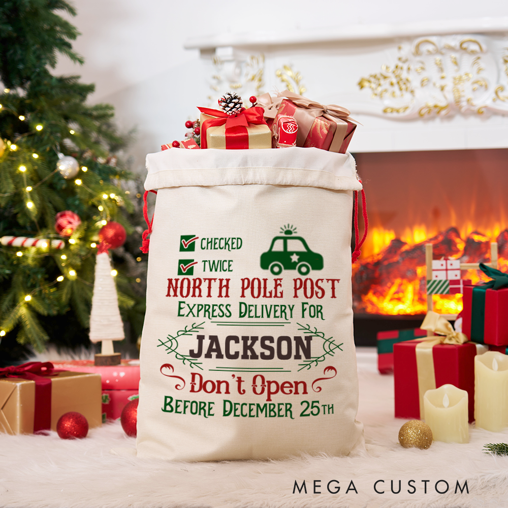 Personalized North Pole Post Sack with Festive Christmas Design Checked Twice Perfect Holiday Gift for Police Officer