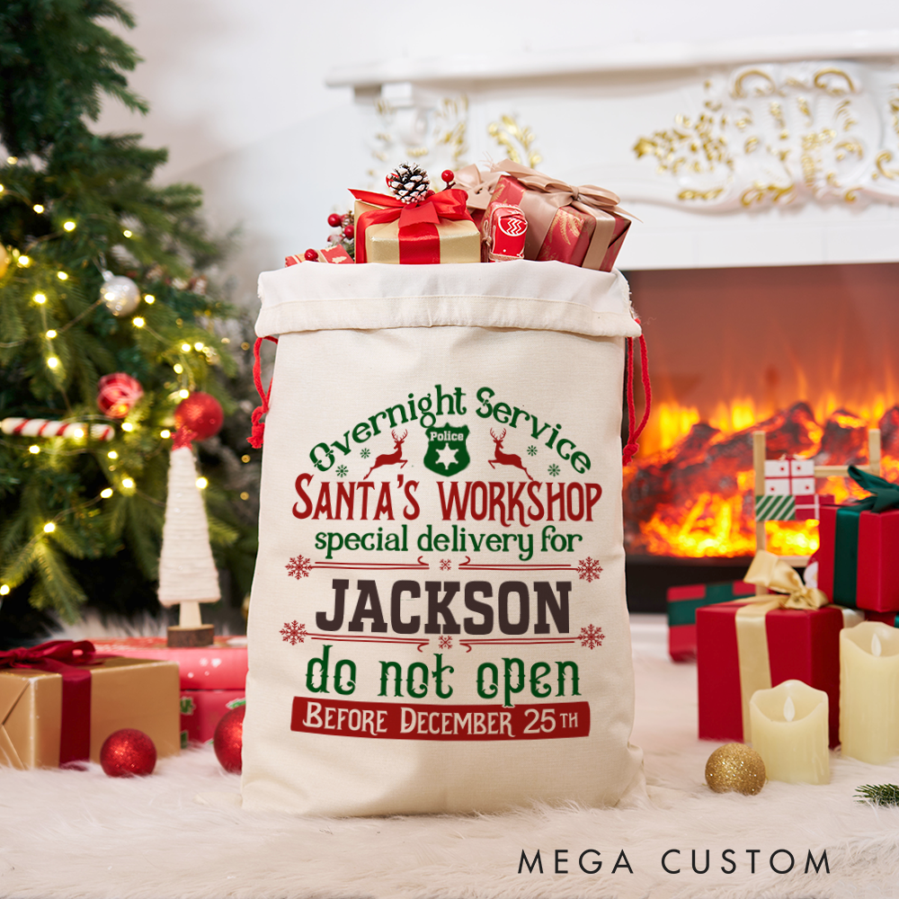 Personalized Santa's Workshop Sack with Festive Christmas Design Overnight Service Perfect Holiday Gift for Police Officer