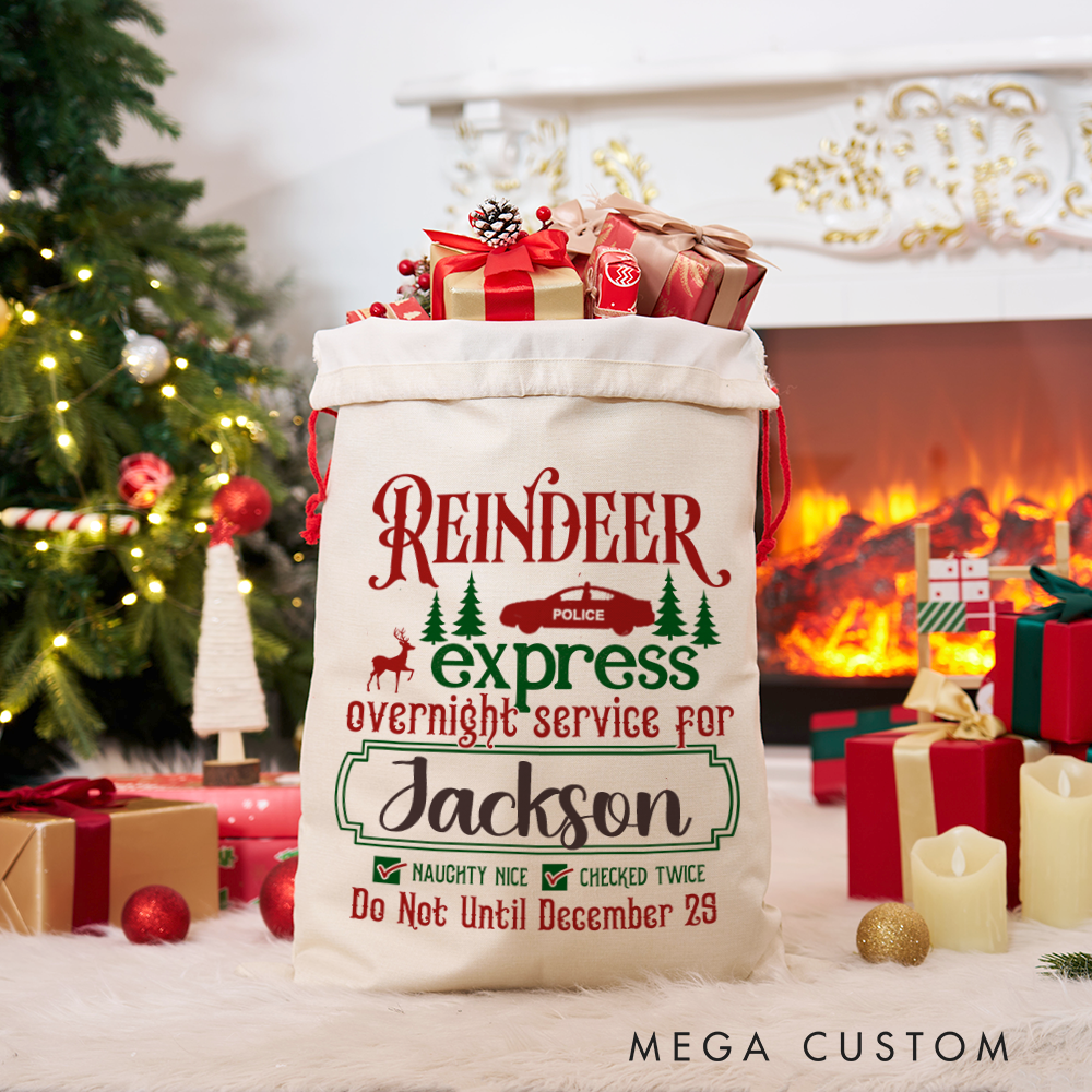 Personalized Reindeer Express Sack with Festive Christmas Design Checked Twice Perfect Holiday Gift for Police Officer