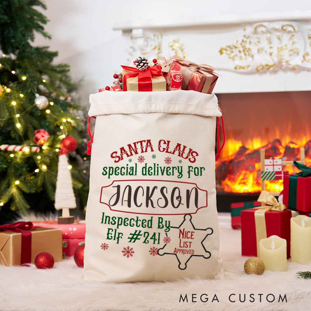 Personalized Santa Claus Sack with Festive Christmas Design Nice List Approved Inspected by Elf Perfect Holiday Gift for Police Officer