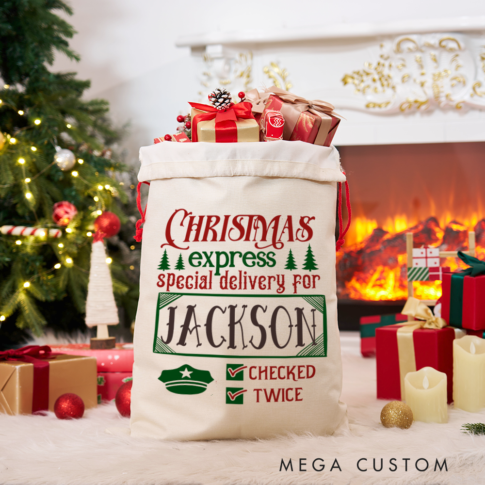Personalized Christmas Express Sack with Festive Design Checked Twice Perfect Holiday Gift for Police Officer